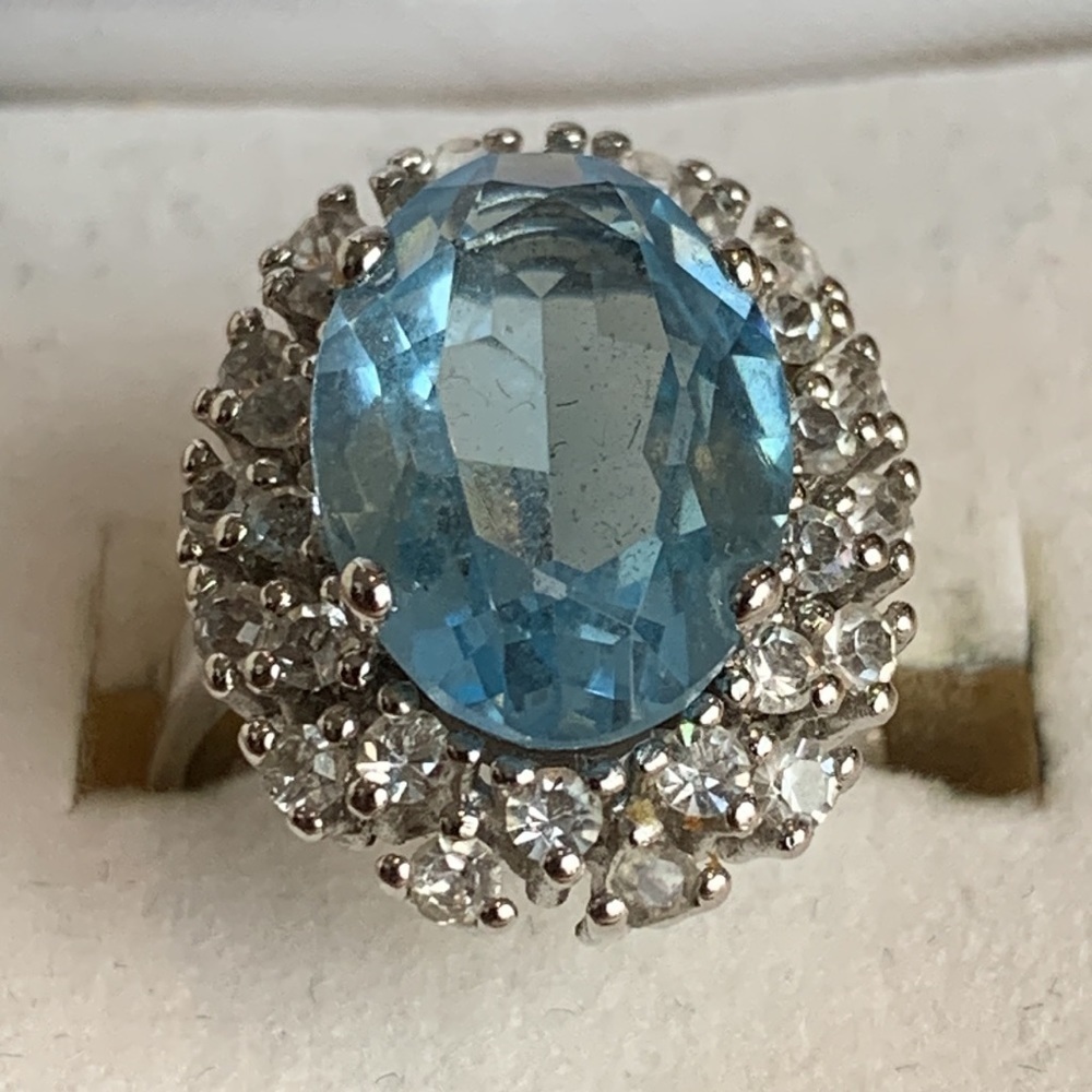 Statement Simulated Crystal Diamond & Blue Stone Marked “925 Spain” Ring - Picture 6 of 11